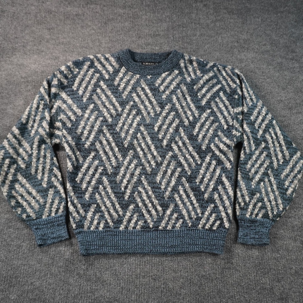 Robinsons Sweater Mens Medium Blue Geometric Chevron Knit Vintage Crewneck